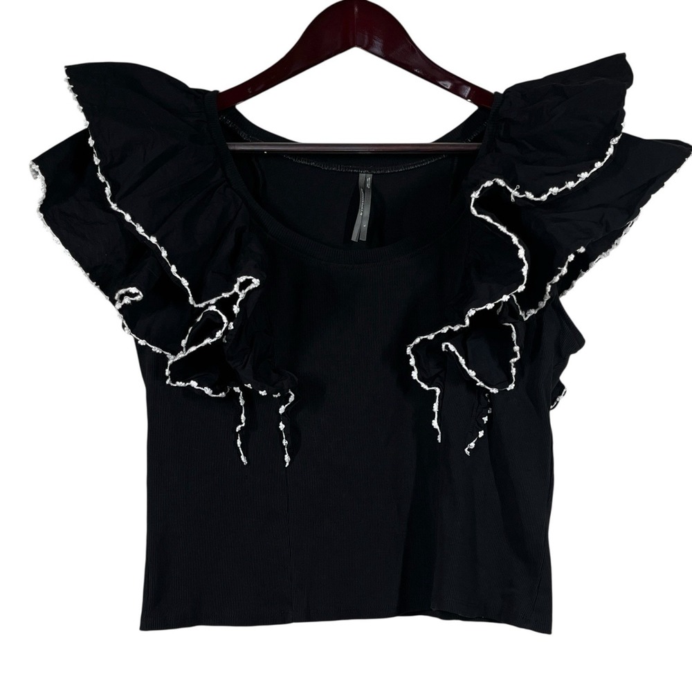 Anthropologie Oversized Ruffles Top Womens L Black Ribbed Stretch Pullover